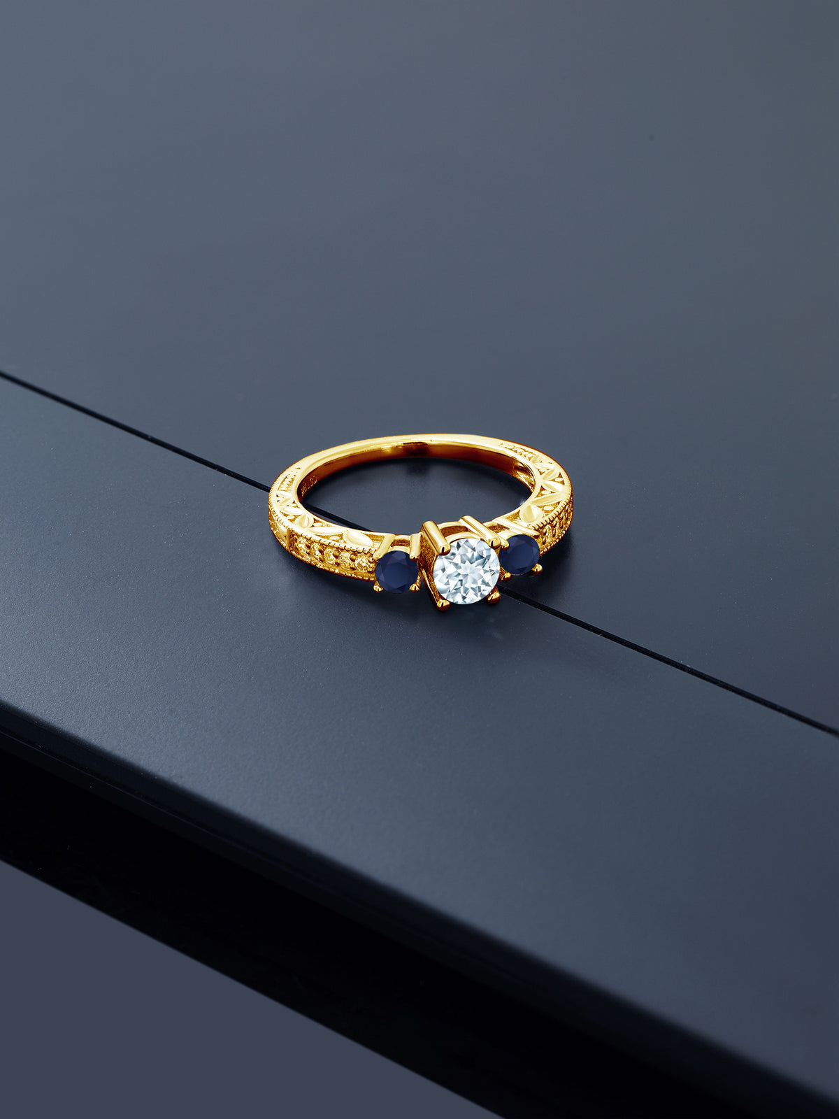 0.93 Ct Round Sky Blue Aquamarine Blue Sapphire 18K Yellow Gold Plated Silver Ring V273