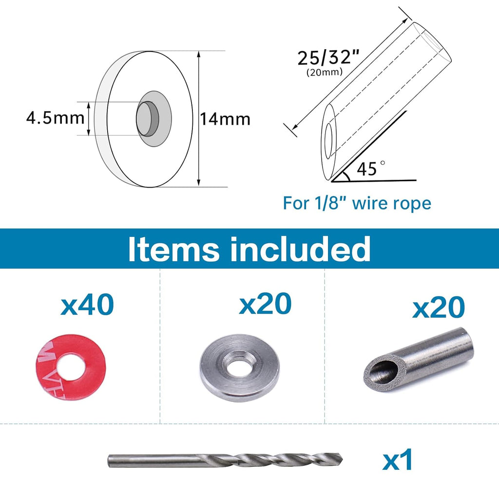 20Pack Cable Railing Kit Angled Protective Grommet for 90 Degree Corner 45 Degree L Shape Protector Sleeve for 1/8 Wire Rope Wood Posts T316 Stainless Steel Pack of 2 U5713