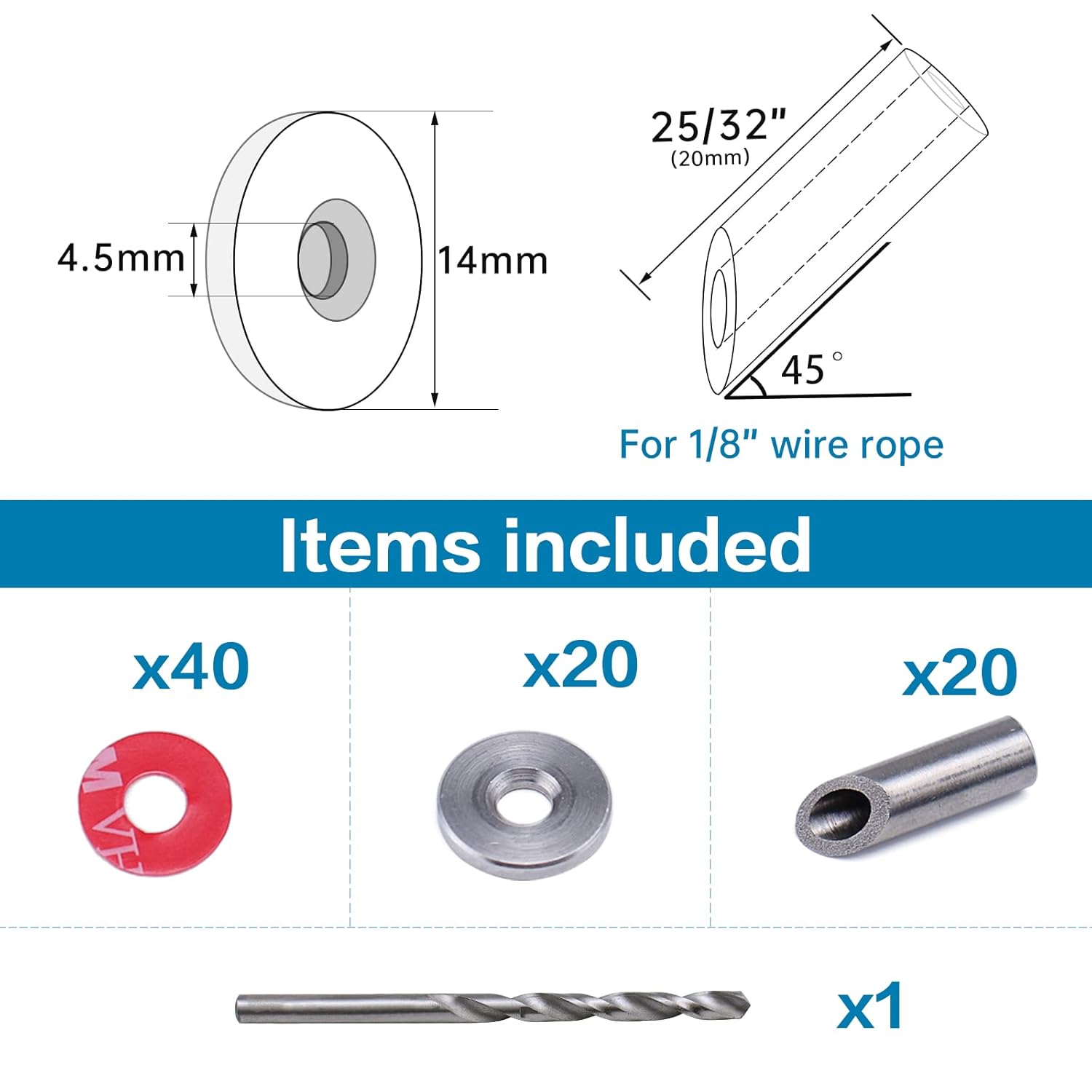 20Pack Cable Railing Kit Angled Protective Grommet for 90 Degree Corner 45 Degree L Shape Protector Sleeve for 1/8 Wire Rope Wood Posts T316 Stainless Steel Pack of 2 U5713