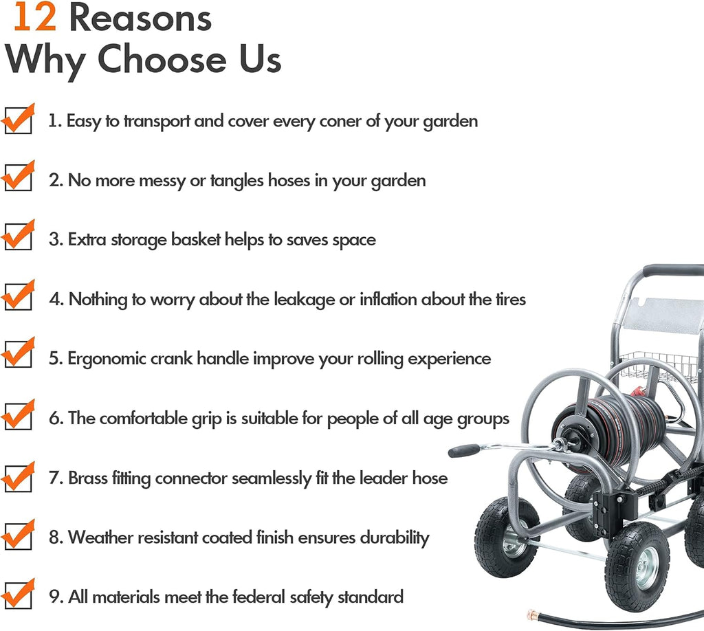 Industrial Hose Reel Cart with 4 Solid Wheels, 250-Feet Capacity X7682