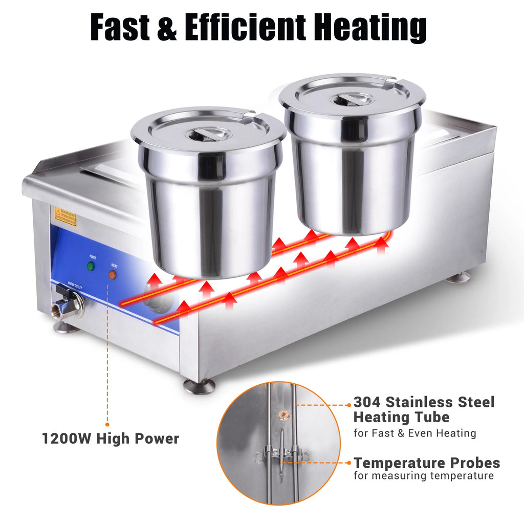 1200W Dual Pots Countertop Food Warmer Stainless Steel Commercial Bain Marie D309
