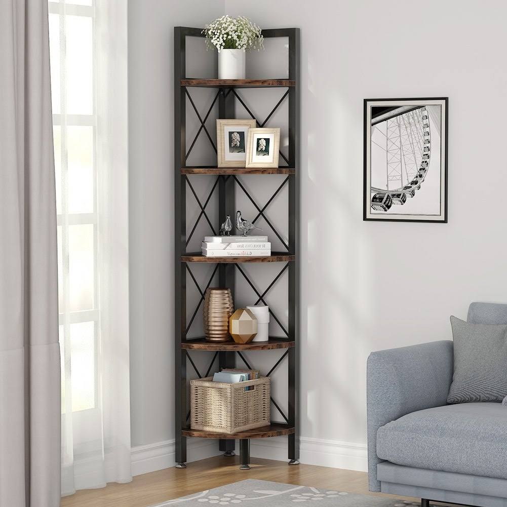 5 Tier Corner Bookshelf Bookcase Brown T6090