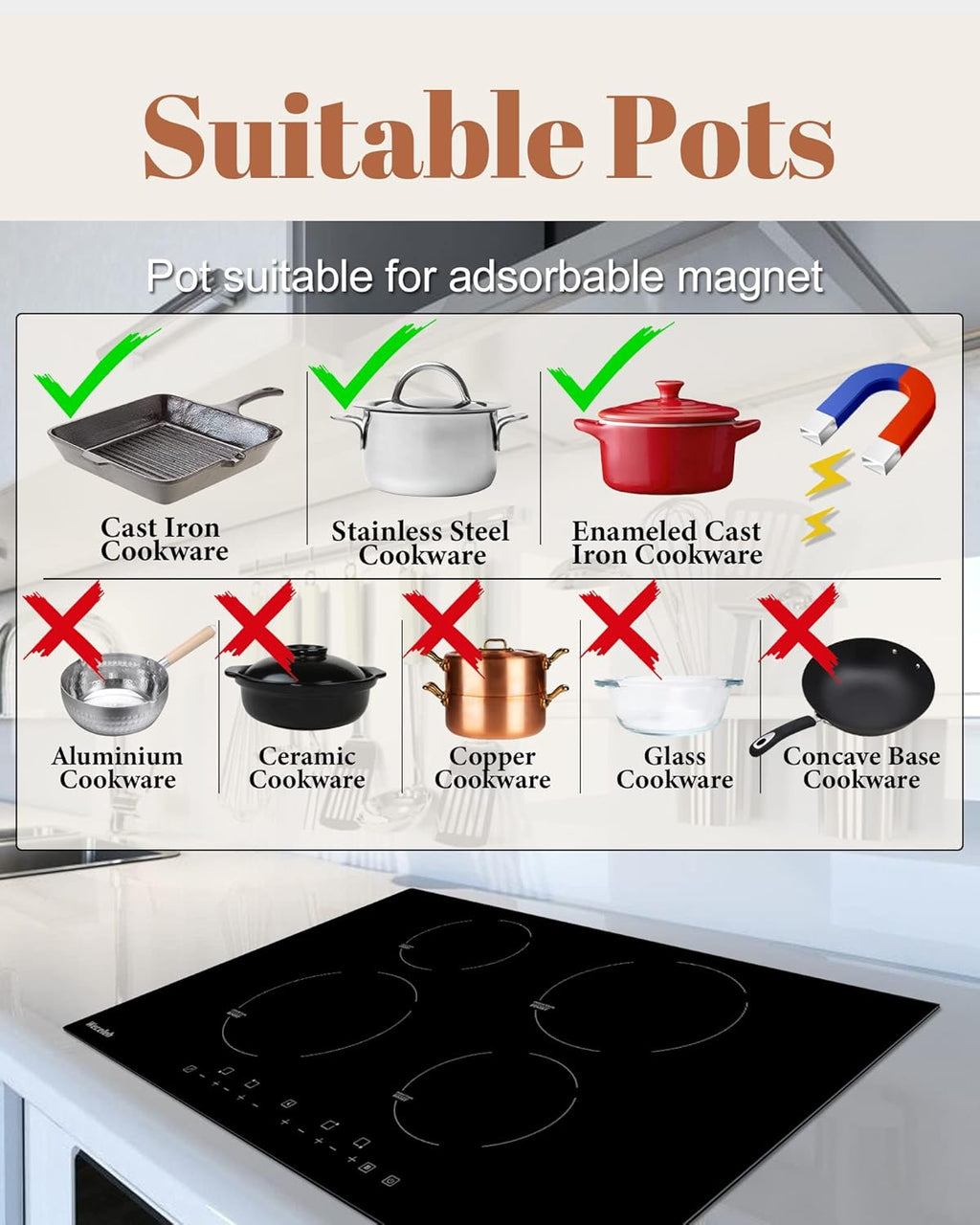 Induction Cooktop 30 Inch, 4 Burner 7000W, Built-in, 220-240V, 9 Power Levels, Timer & Kid Safety Lock F428674