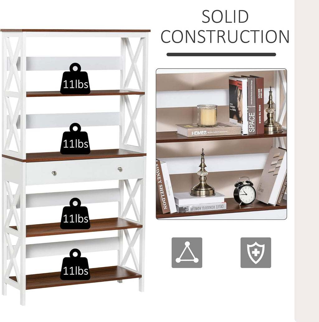 White 4-Tier Shelving Bookcase with Pull Out Drawer W681