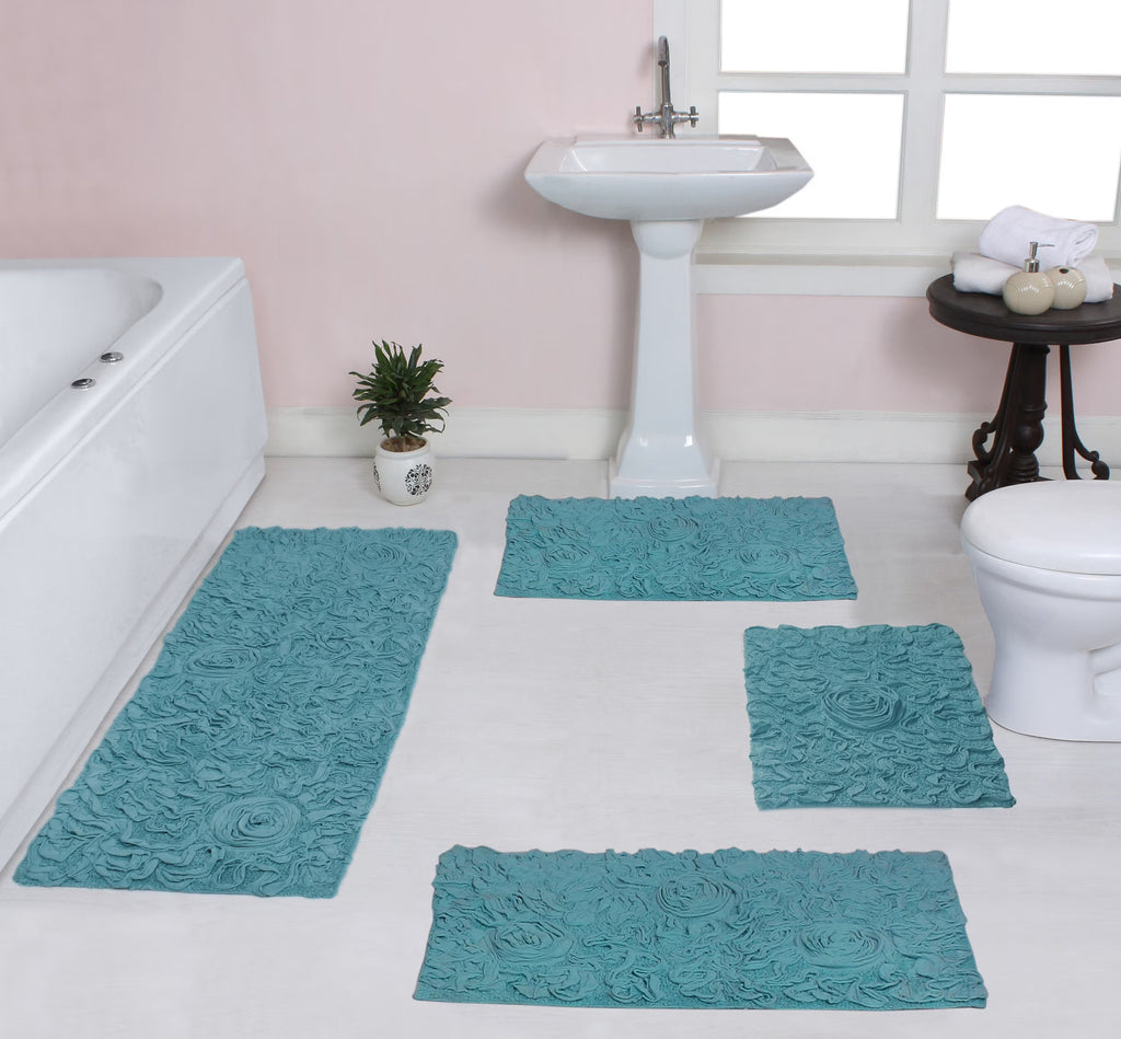100% Cotton Tufted Bath Rugs, 4 Piece Set with Runner, Blue U33258