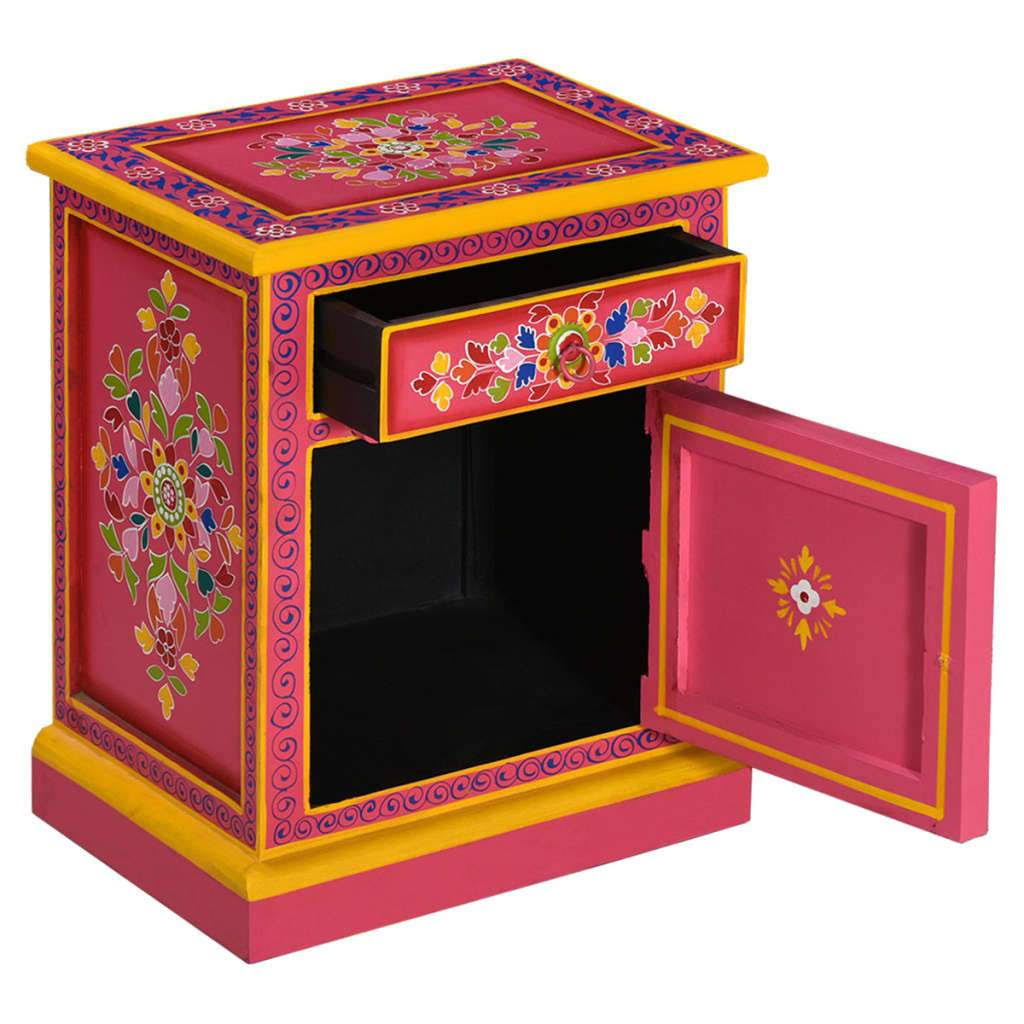 Pink Hand Painted Solid Mango Wood Bedside Cabinet D798