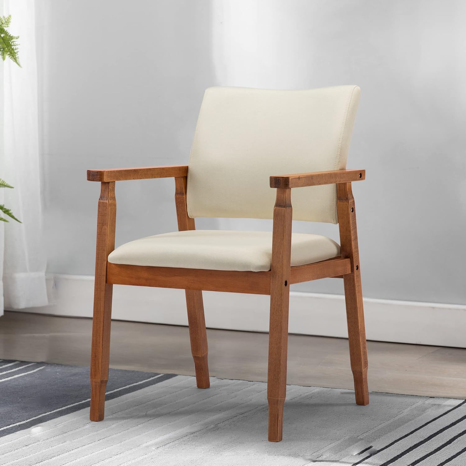 Mid Century Modern Walnut Wood Arm Beige Fabric Dining Chairs Q2555