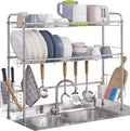 2-Tier Large Stainless Steel Dish Drying Rack with Utensil Holder Hooks O250