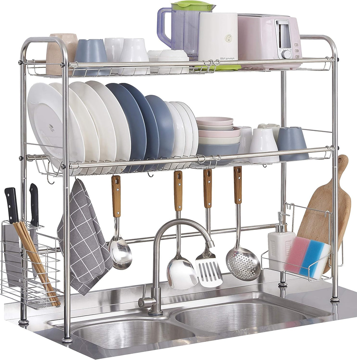 2-Tier Large Stainless Steel Dish Drying Rack with Utensil Holder Hooks O250