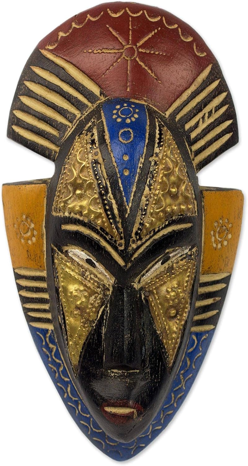 Painted Red and Blue Hand Carved Wood Wall Mask N8665