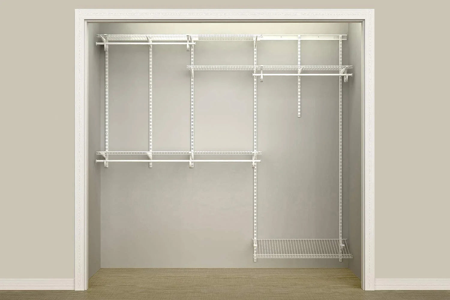 White Steel Wire Closet Organizer System with Shelves and Clothes Rods R493851