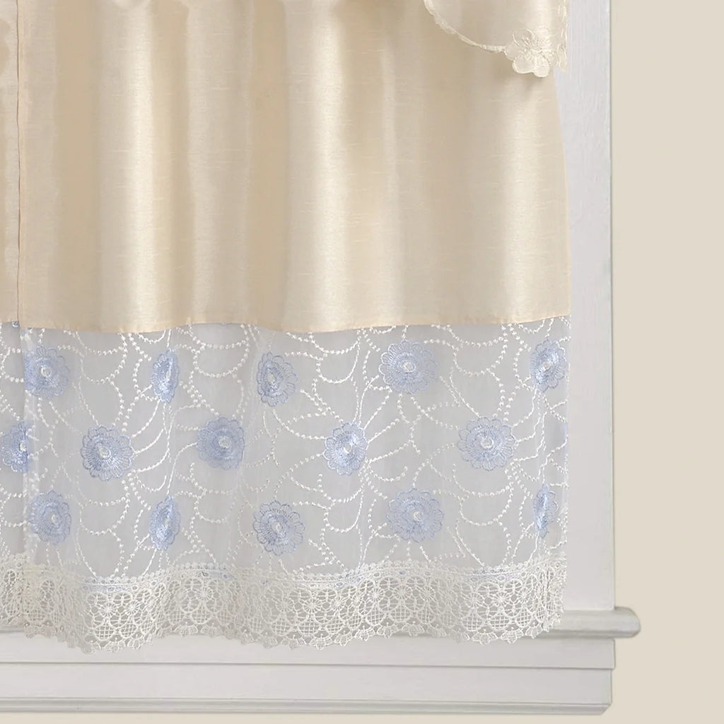 Beige Floral Embroidered 3-Piece Kitchen Curtain Tiers & Swag Set, 58x36 & 28x36 inches D306253