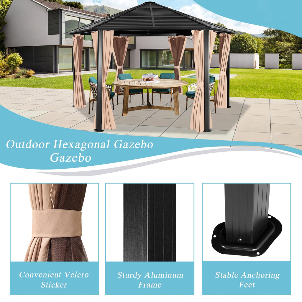 Hexagonal Hardtop Gazebo with Curtains & Mesh Screen A8256