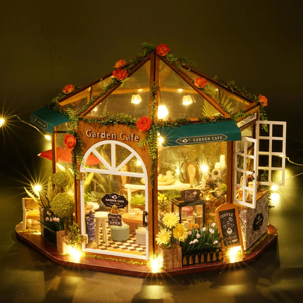 DIY Miniature Doll House Wooden Coffee Shop with Furniture LED Light M316