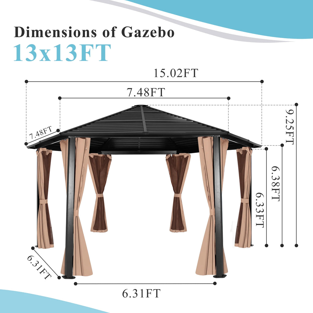 Hexagonal Hardtop Gazebo with Curtains & Mesh Screen A8256