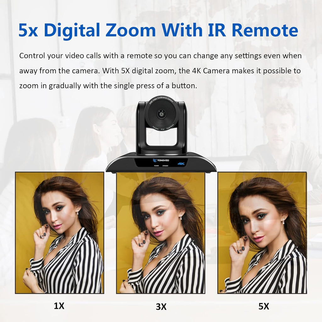 4K PTZ Webcam Video Conference Camera with 5X Digital Zoom and Remote Control USB Wide-Angle T2051
