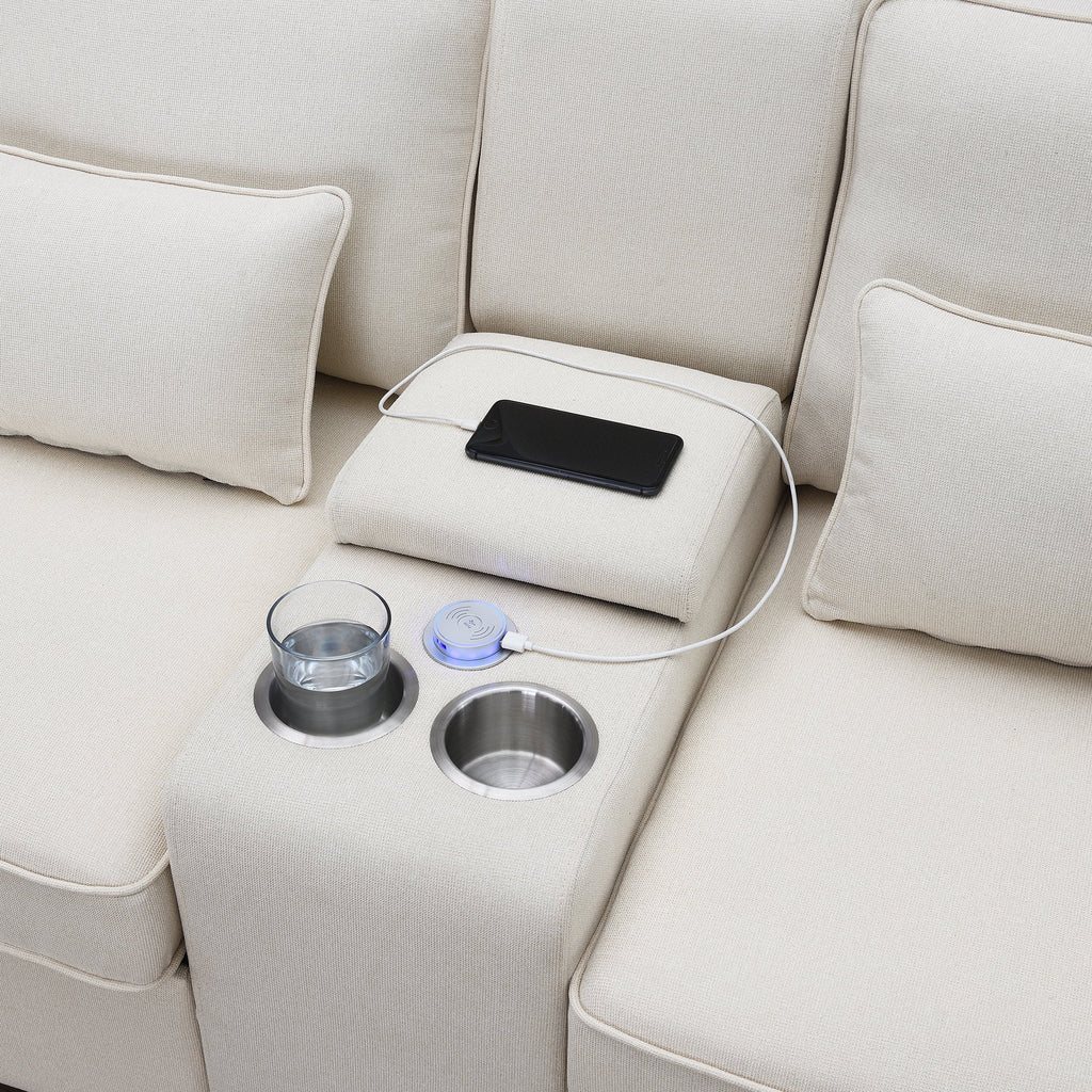 Upholstered Sofa with Console, 2 Cupholders and 2 USB Ports, Linen Fabric, 4-Seat J705195