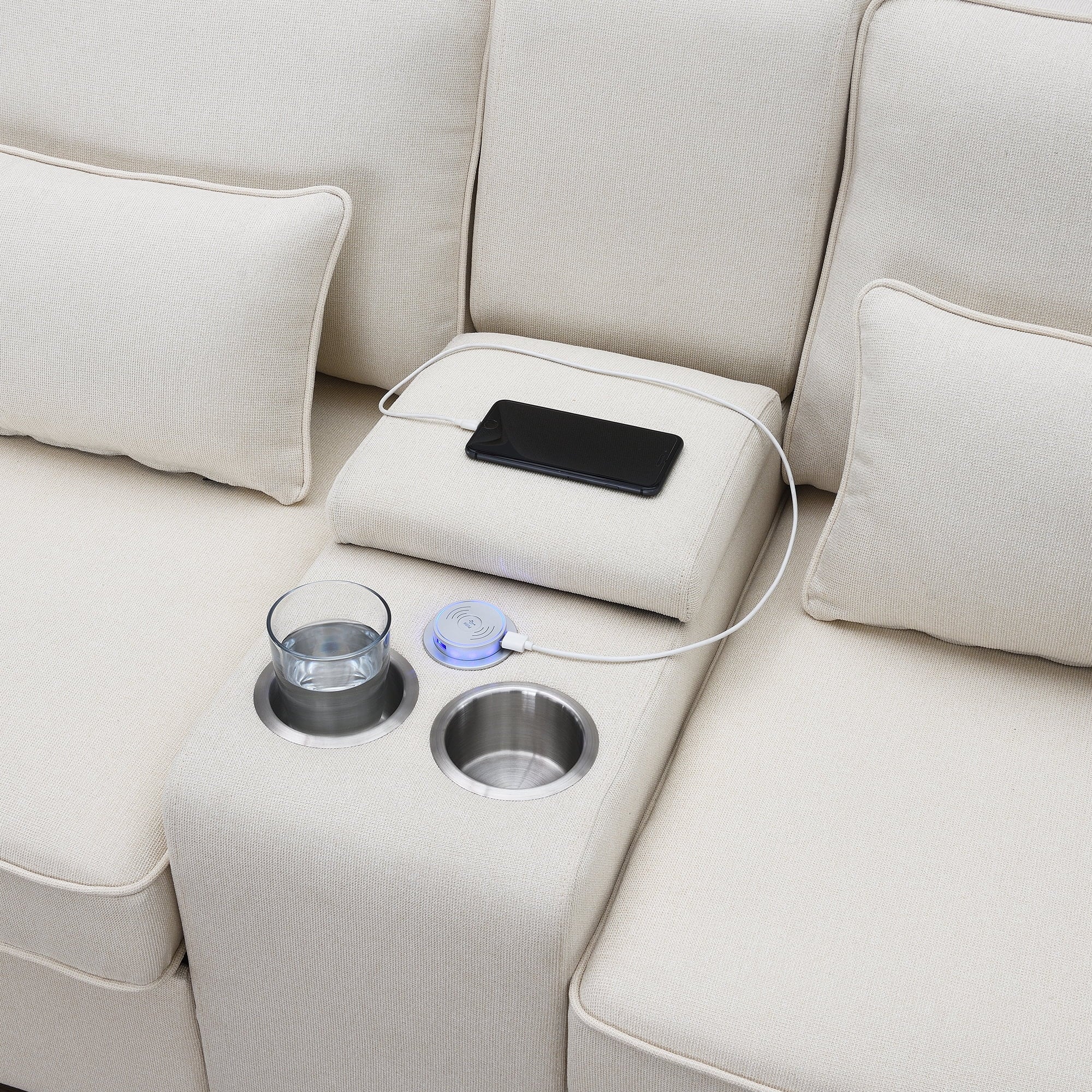 Upholstered Sofa with Console, 2 Cupholders and 2 USB Ports, Linen Fabric, 4-Seat J705195
