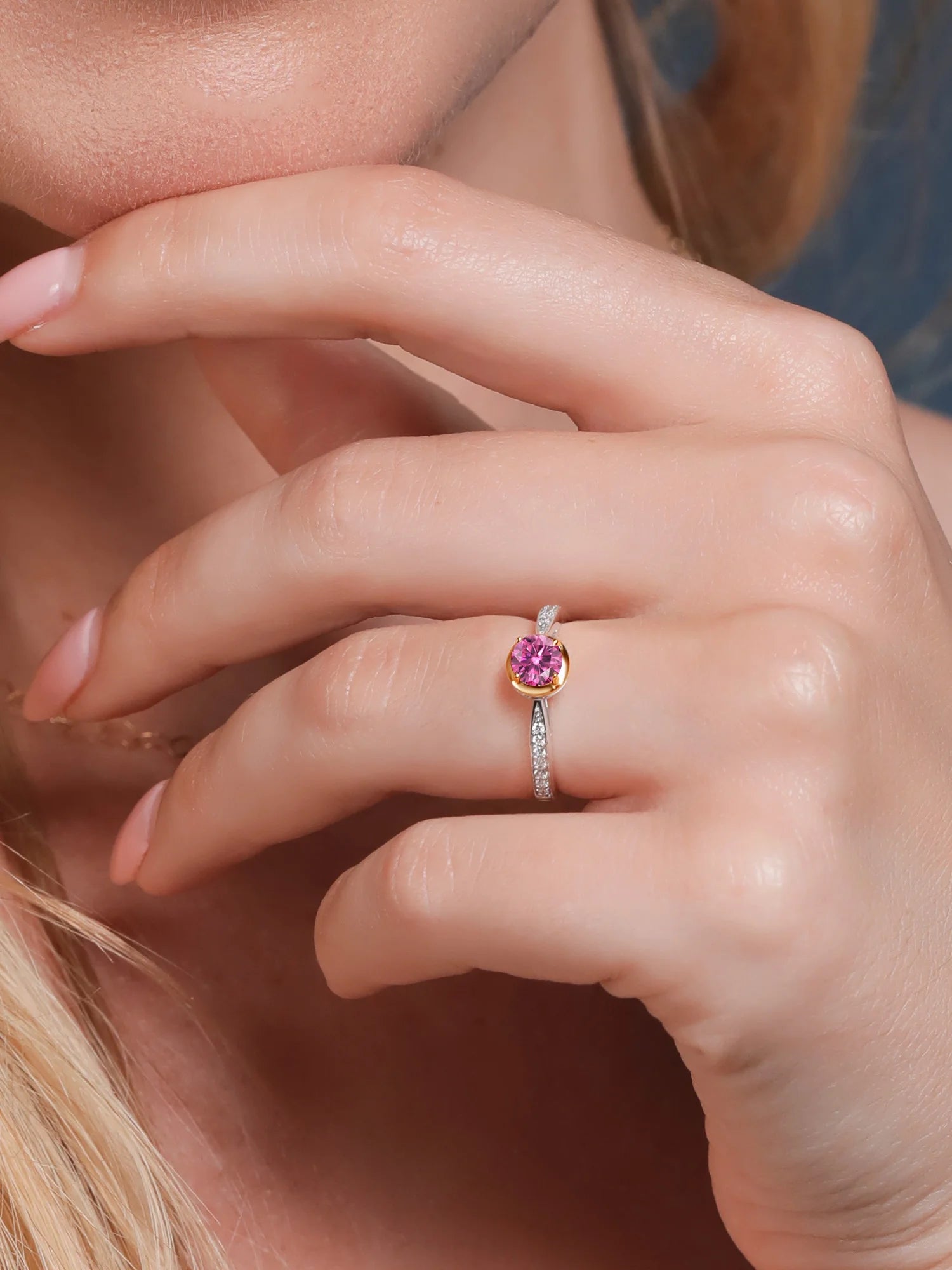Pink Moissanite and Lab Grown Diamond 925 Silver Ring W76671