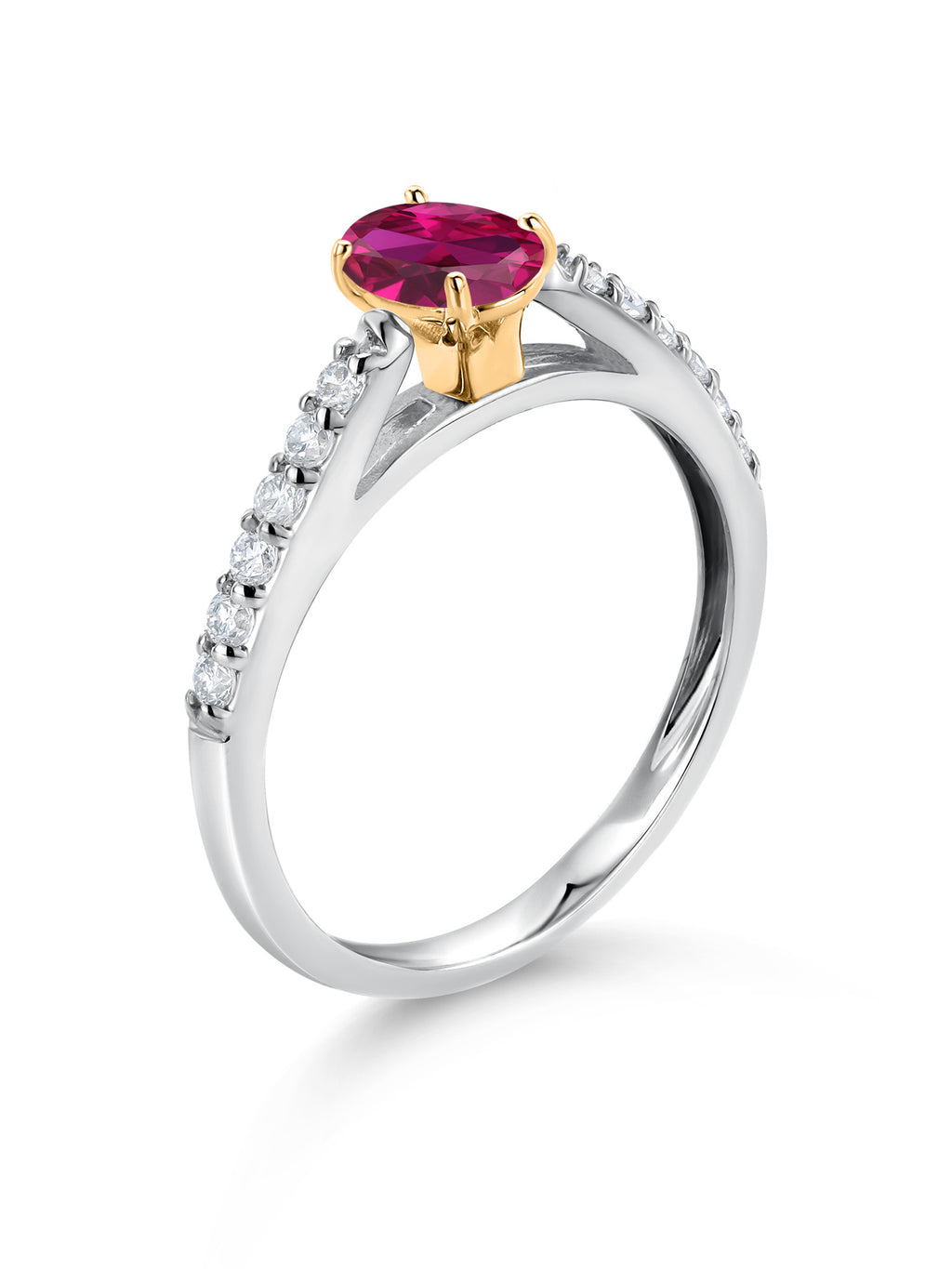 925 Sterling Silver 10K Yellow Gold Red Created Ruby White Lab Grown Diamond Engagement Ring (0.68 Cttw, Oval 6X4MM) X309