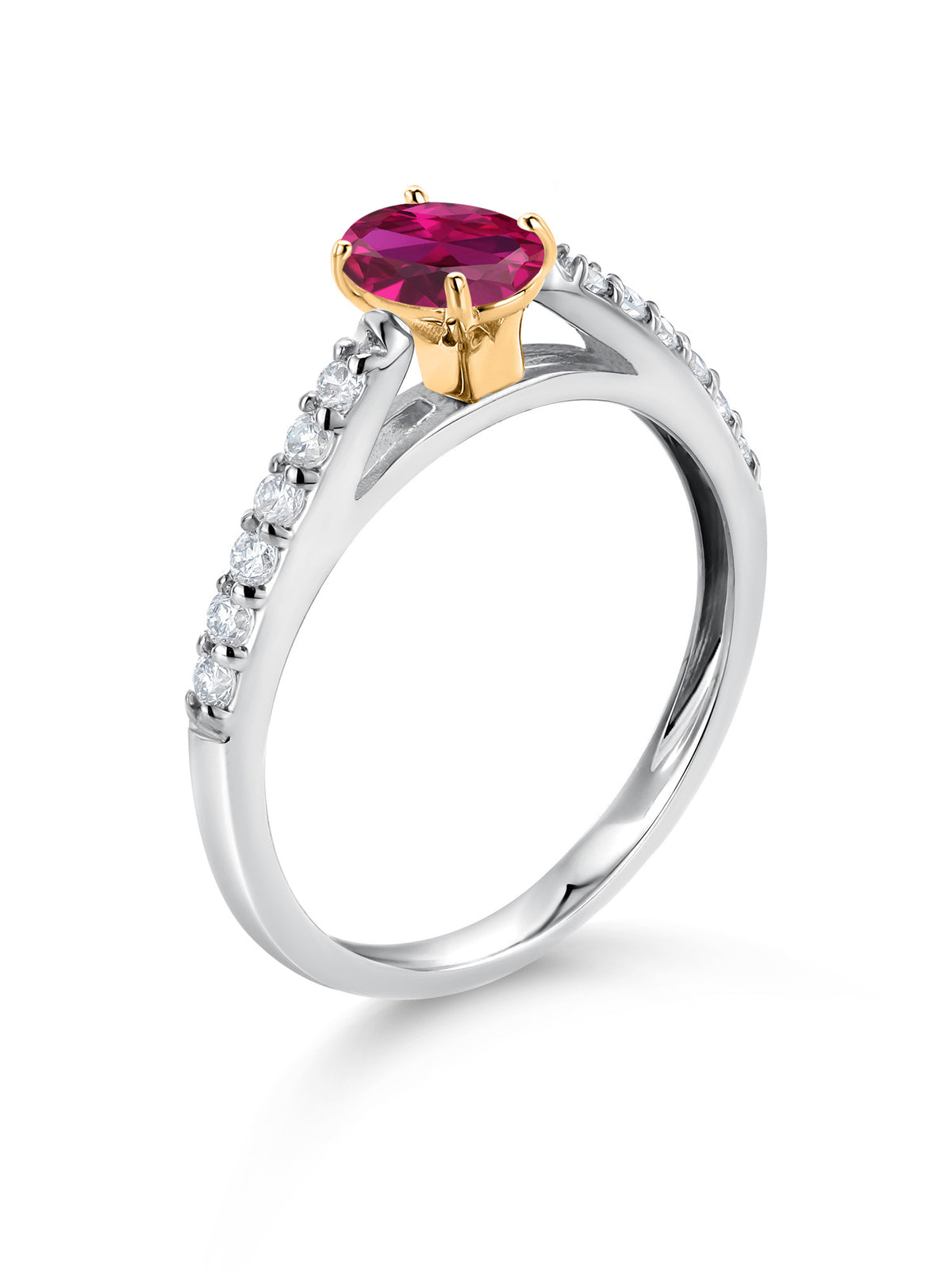 925 Sterling Silver 10K Yellow Gold Red Created Ruby White Lab Grown Diamond Engagement Ring (0.68 Cttw, Oval 6X4MM) X309