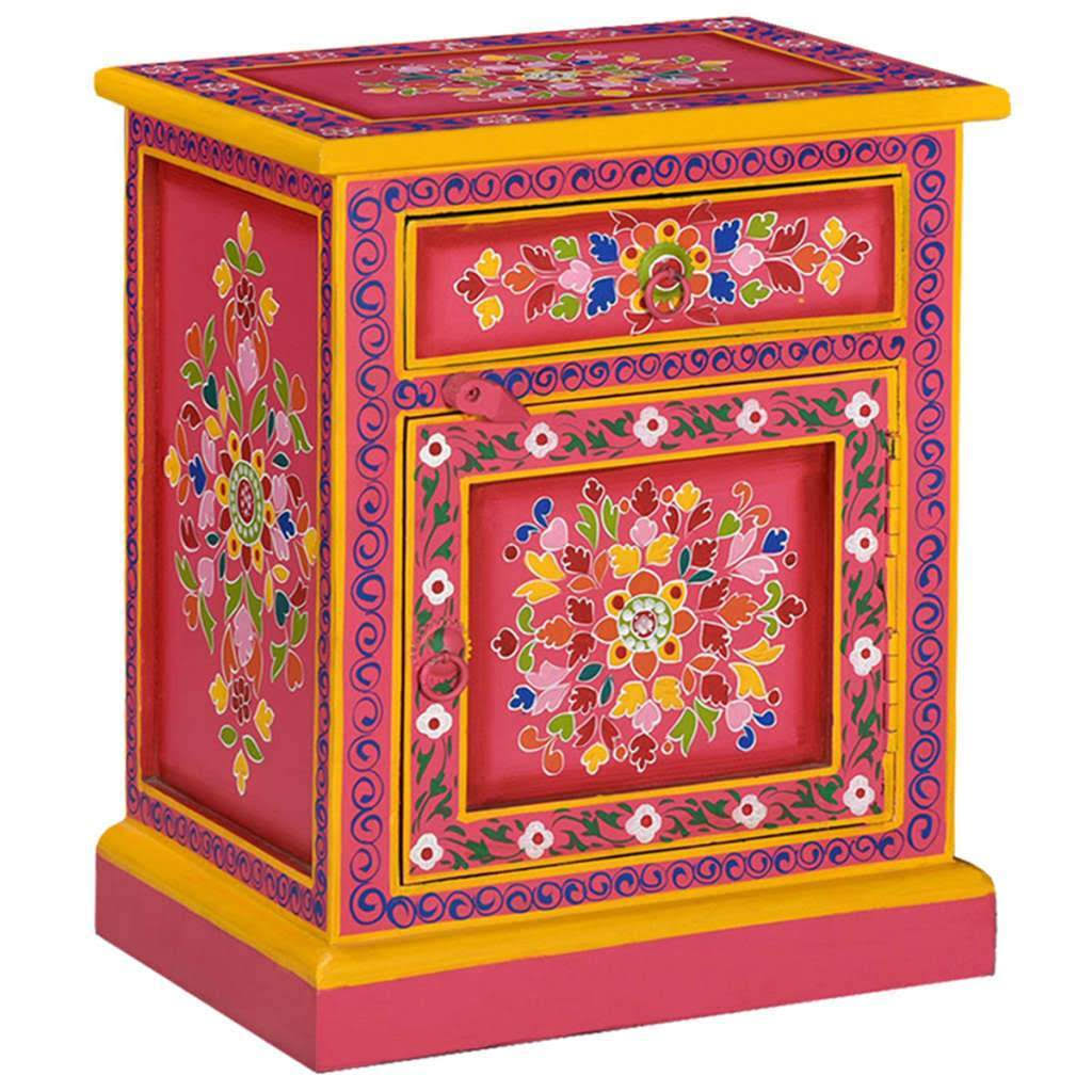 Pink Hand Painted Solid Mango Wood Bedside Cabinet D798