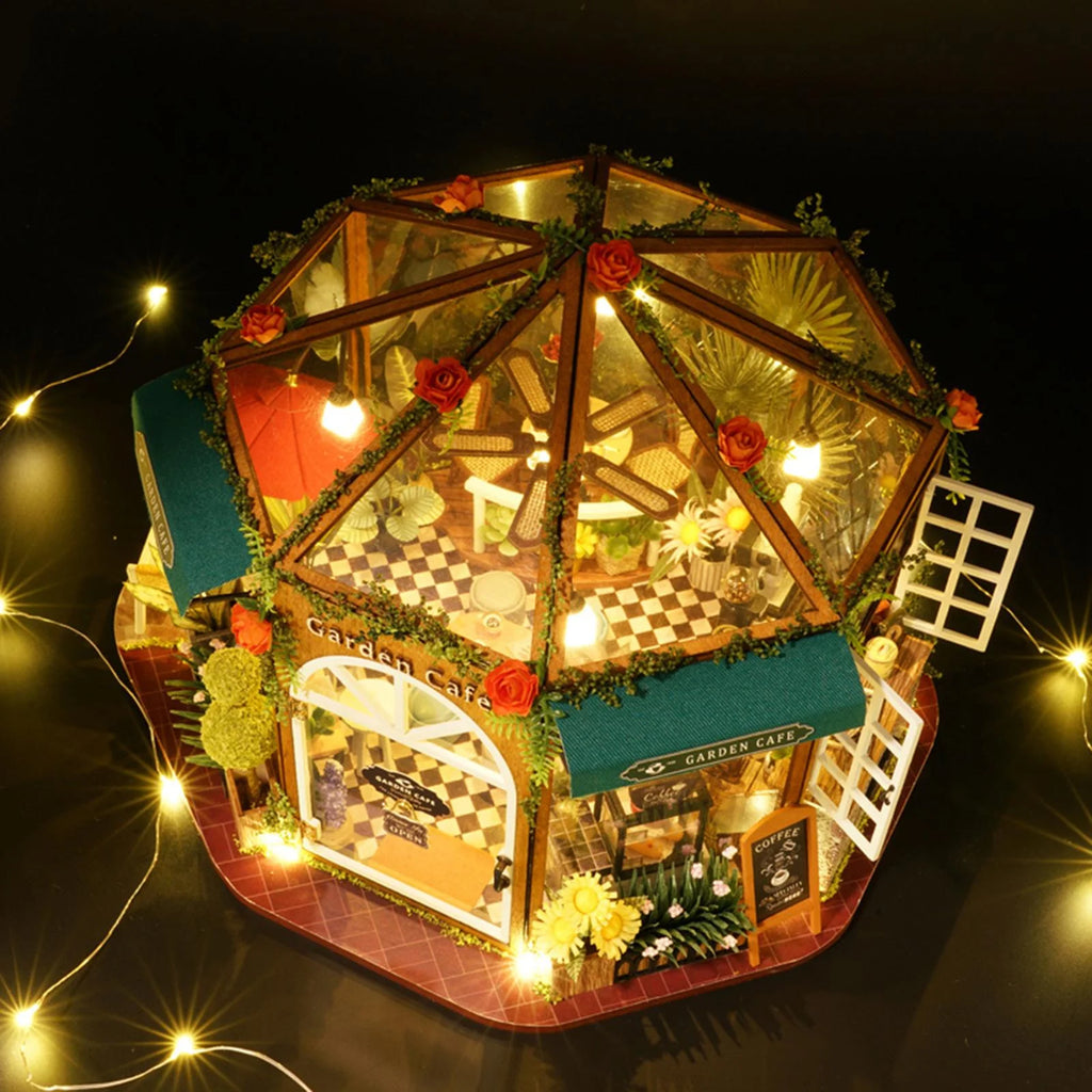 DIY Miniature Doll House Wooden Coffee Shop with Furniture LED Light M316