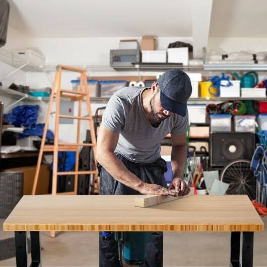 Adjustable Height Workbench Mobile Tool Bench Bamboo Top with Caster E1769