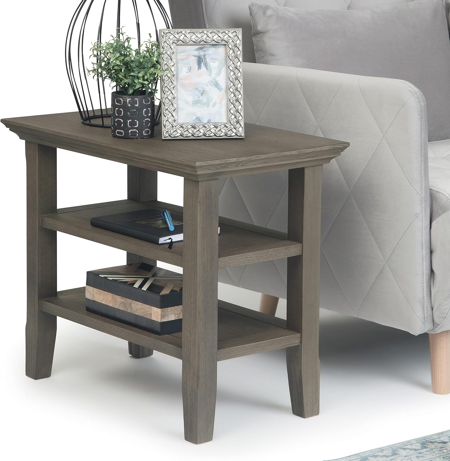 Black Solid Wood Narrow Side Table with 2 Shelves W1573