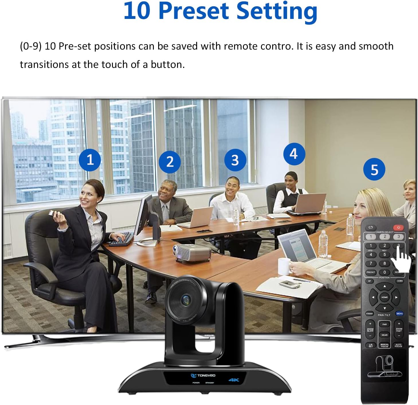 4K PTZ Webcam Video Conference Camera with 5X Digital Zoom and Remote Control USB Wide-Angle T2051