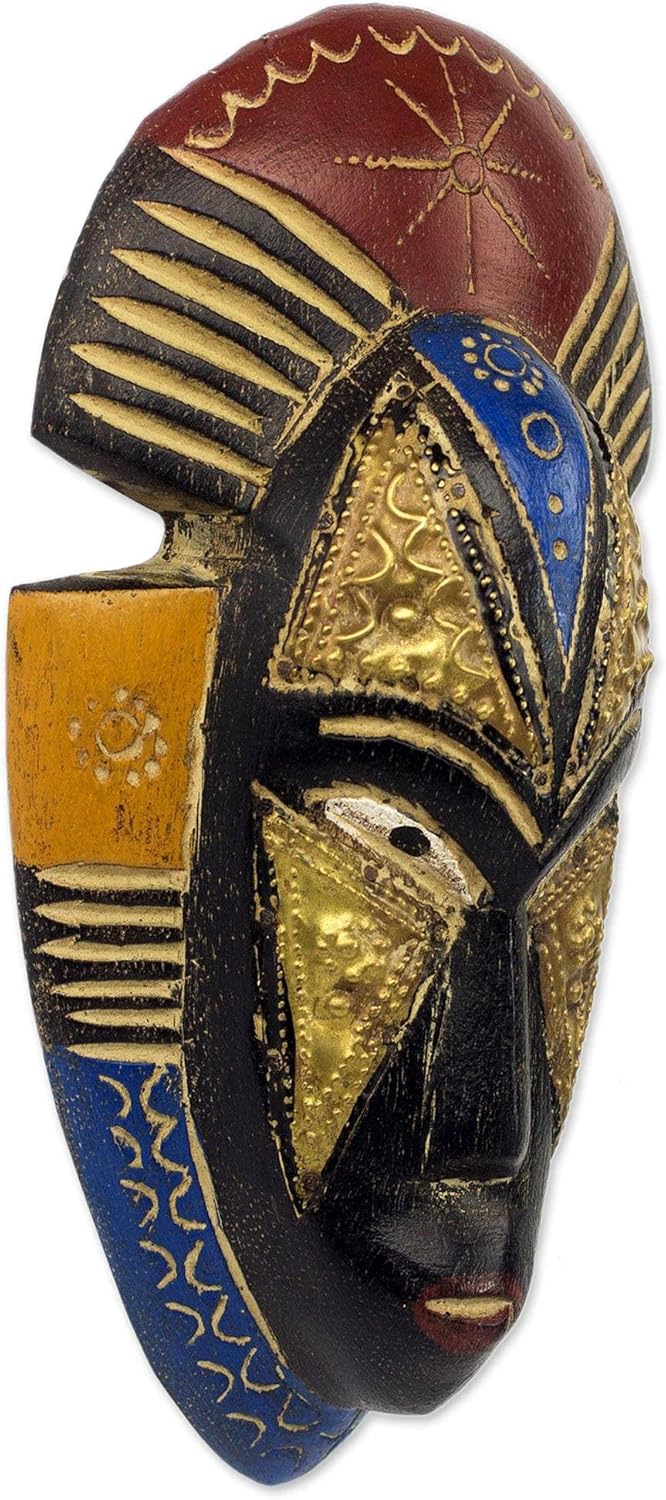 Painted Red and Blue Hand Carved Wood Wall Mask N8665