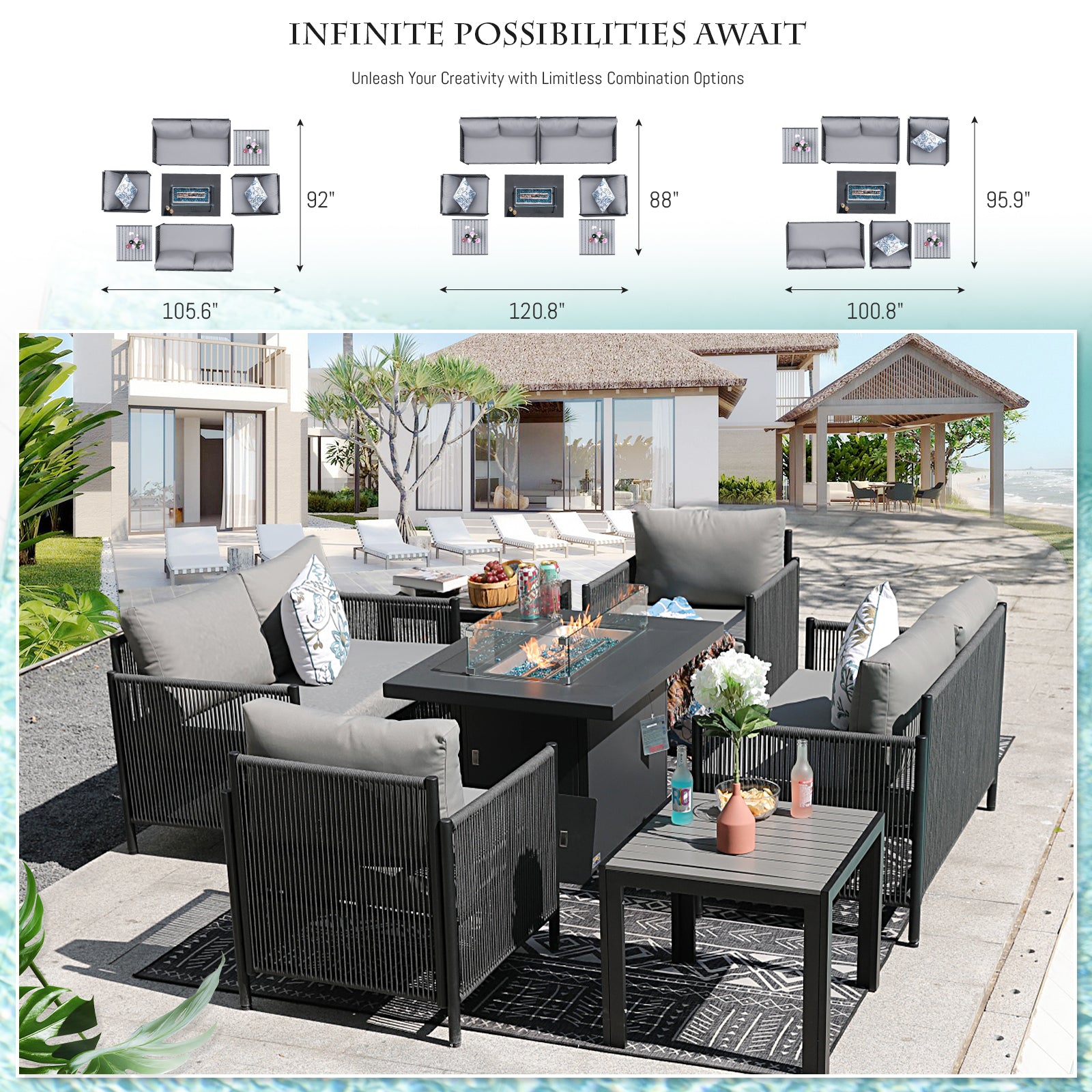 Grey Rope Patio Sectional Sofa Set with Fire Pit Table, 9 Pcs Outdoor Furniture Set X2664