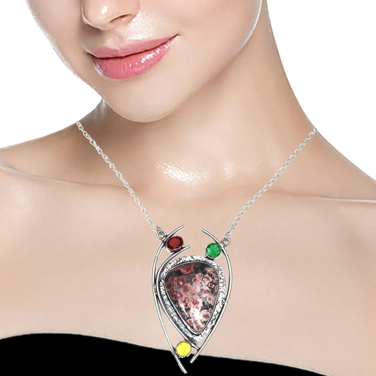 925 Silver Leopard Jasper Gemstone Necklace 20 in Z60579