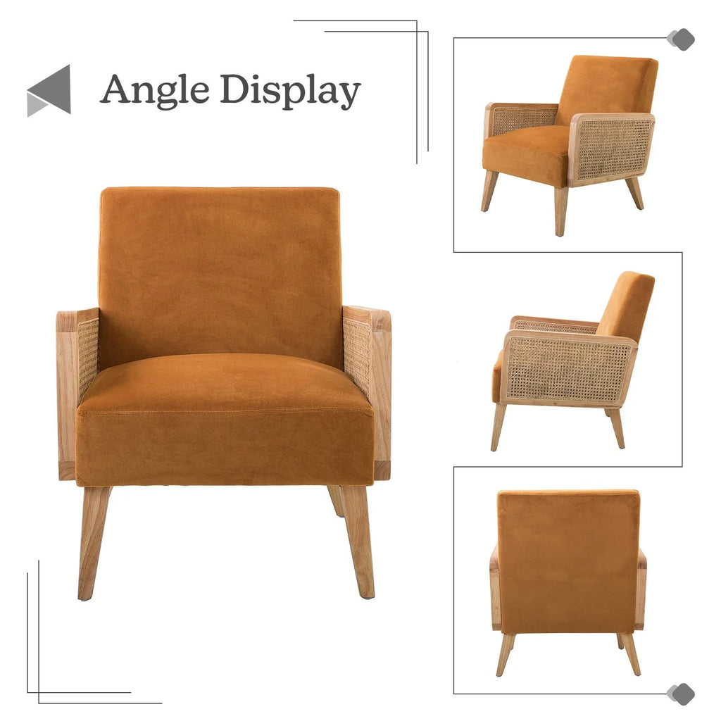 Yellow Fabric Upholstered Accent Chair with Rattan Armrests B69079