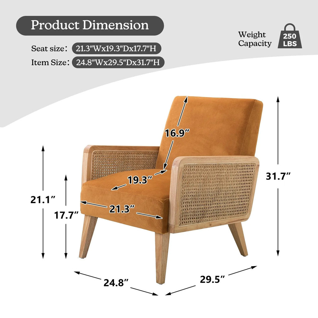 Yellow Fabric Upholstered Accent Chair with Rattan Armrests B69079