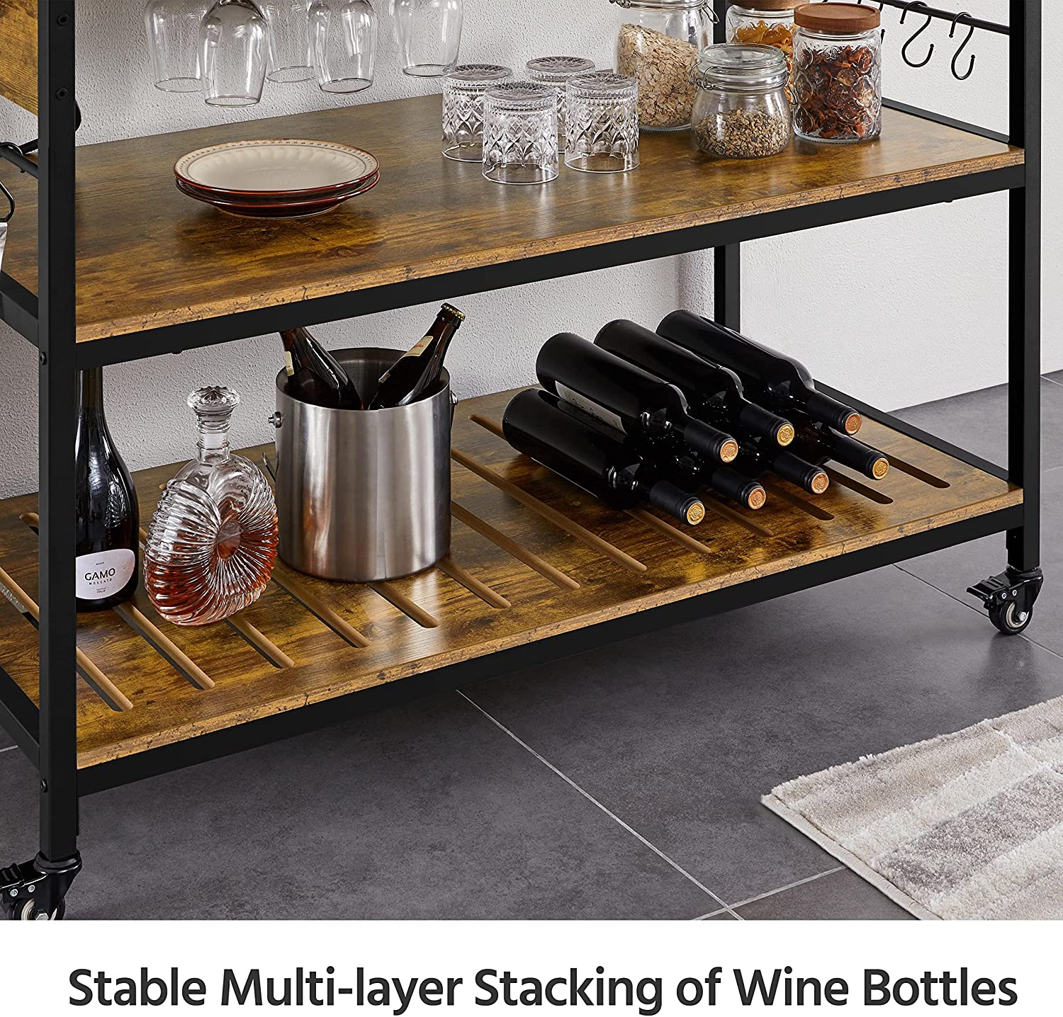 Rustic Brown Rolling Kitchen Cart with Power Outlet M1301