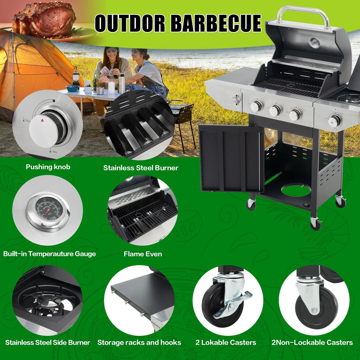 3-Burner Stainless Steel Propane Gas Grill with Side Burner R88833