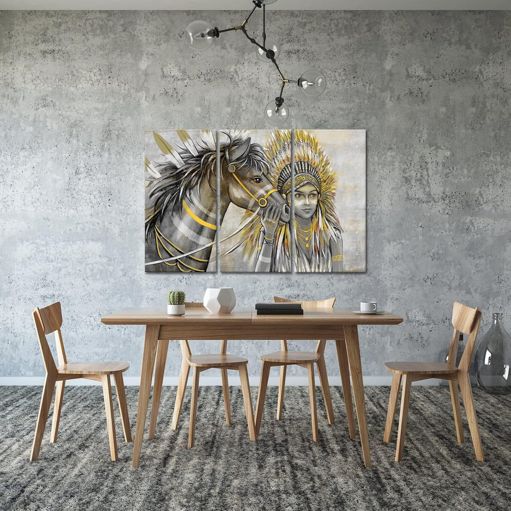 Set of 3 Canvas Painting Native American Women with Horse Feathers Headdress Poster Artwork Framed L417