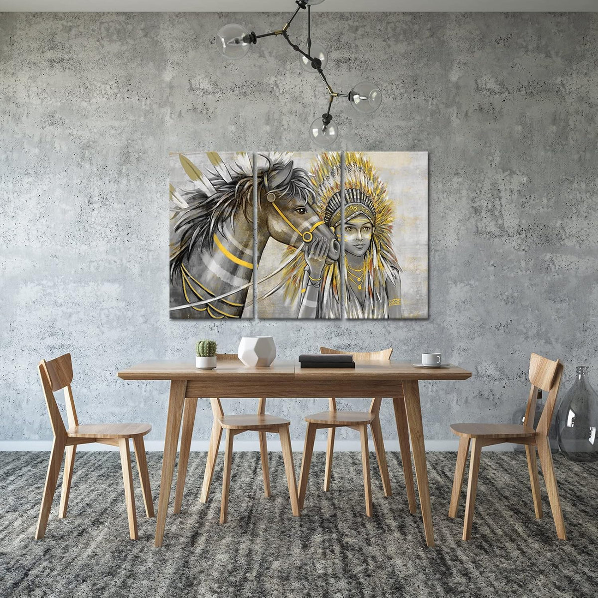 Set of 3 Canvas Painting Native American Women with Horse Feathers Headdress Poster Artwork Framed L417