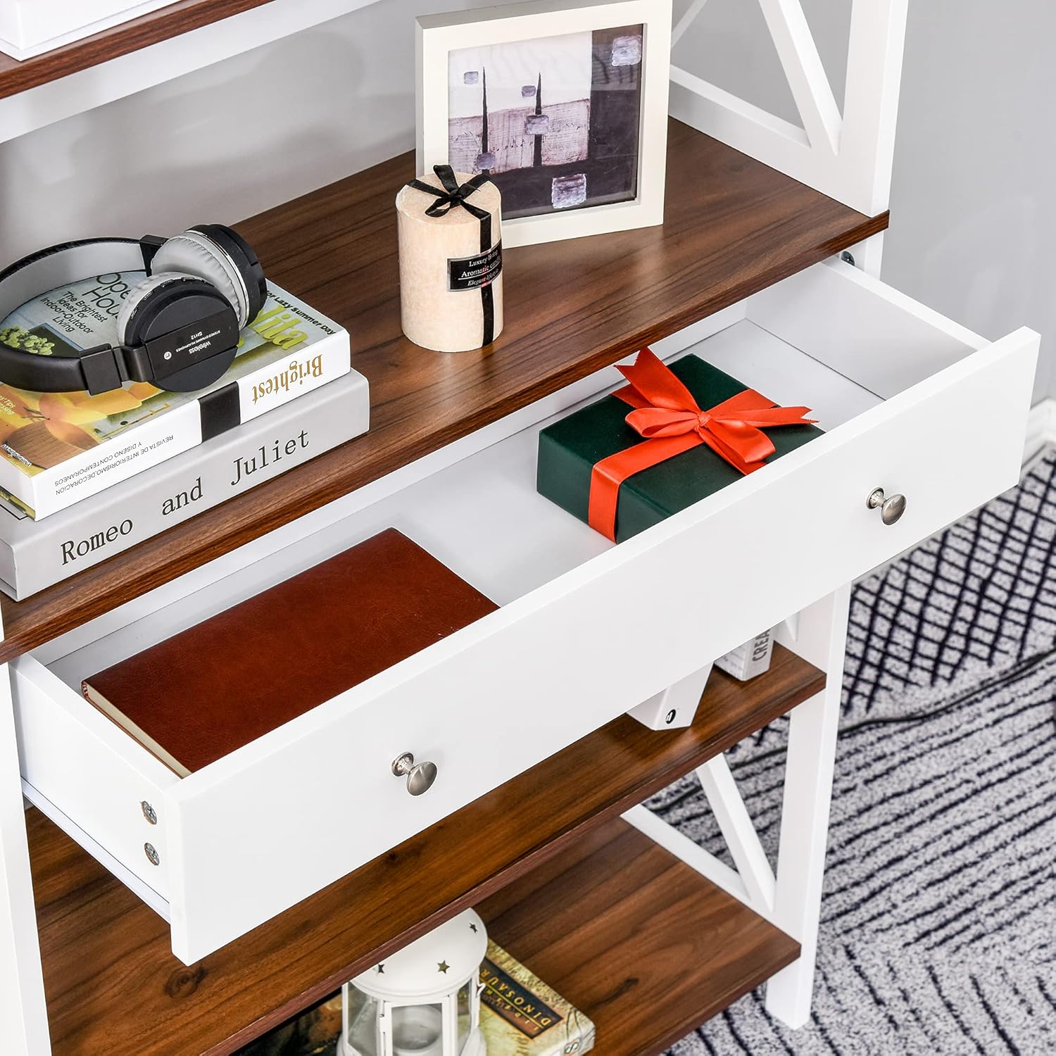 White 4-Tier Shelving Bookcase with Pull Out Drawer W681