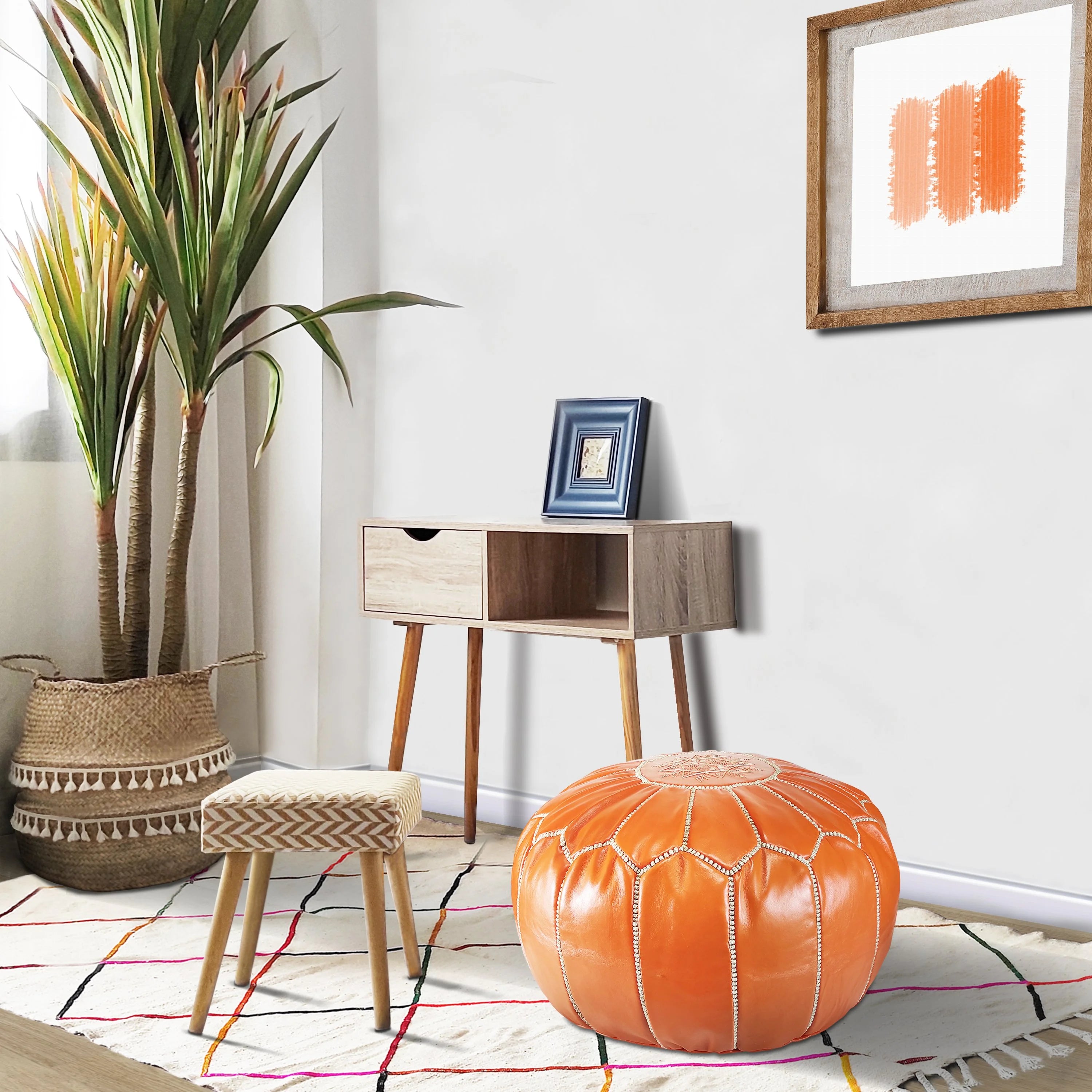 Orange Leather Ottoman J165022