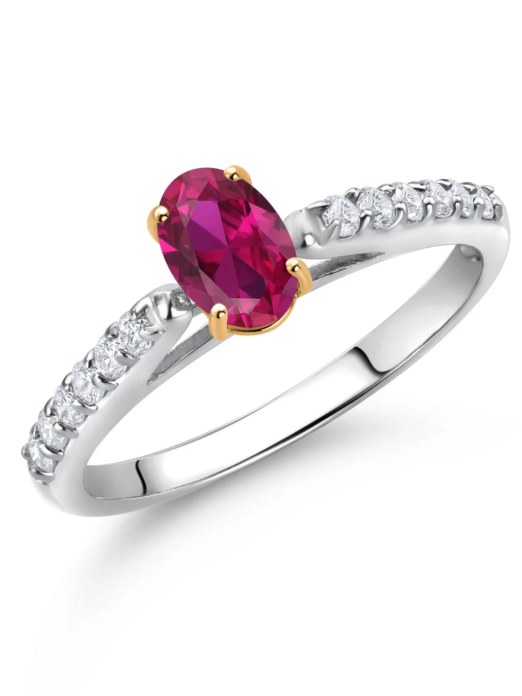 925 Sterling Silver 10K Yellow Gold Red Created Ruby White Lab Grown Diamond Engagement Ring (0.68 Cttw, Oval 6X4MM) X309