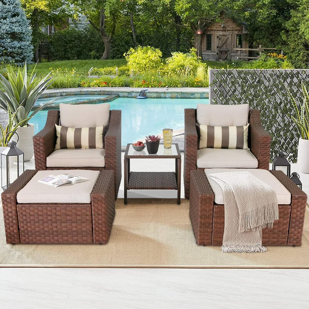 5-Piece Outdoor Wicker Conversation Set with Lounge Chairs & Ottomans F937818