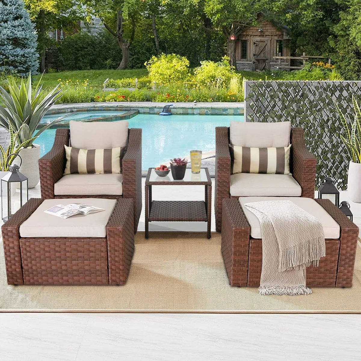 5-Piece Outdoor Wicker Conversation Set with Lounge Chairs & Ottomans F937818