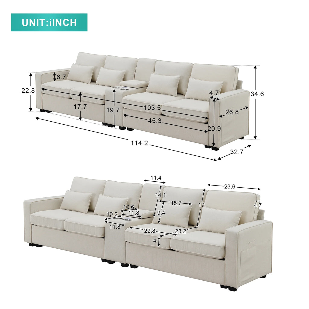 Upholstered Sofa with Console, 2 Cupholders and 2 USB Ports, Linen Fabric, 4-Seat J705195