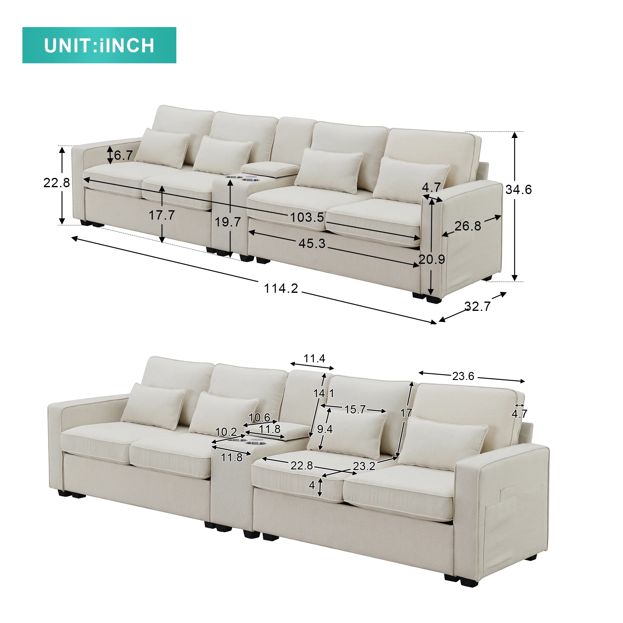 Upholstered Sofa with Console, 2 Cupholders and 2 USB Ports, Linen Fabric, 4-Seat J705195