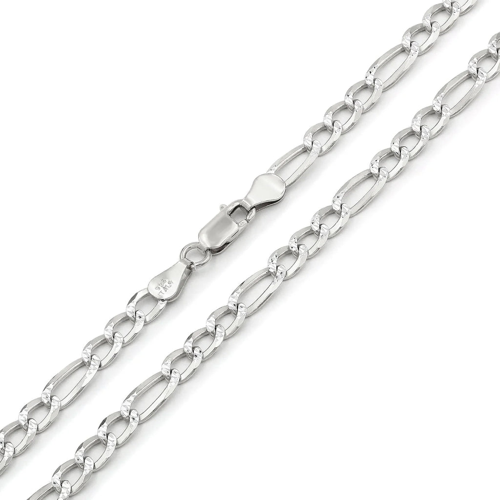 925 Sterling Silver 5mm Solid Figaro Diamond Cut Chain Necklace I9468