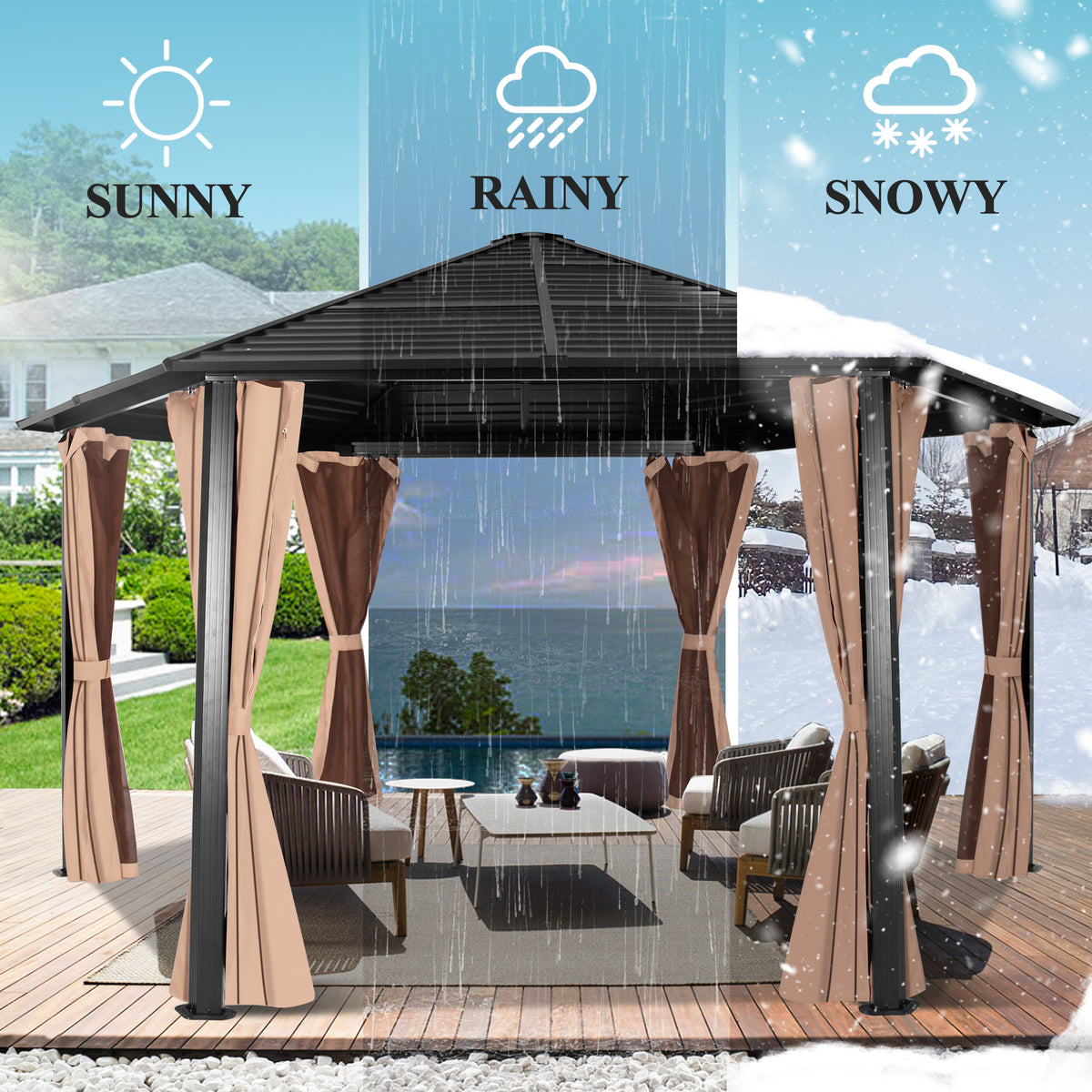 Hexagonal Hardtop Gazebo with Curtains & Mesh Screen A8256