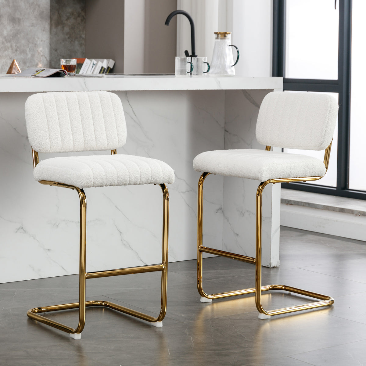 Ivory Boucle Fabric Counter Height Bar Stools Set of 2 R60871