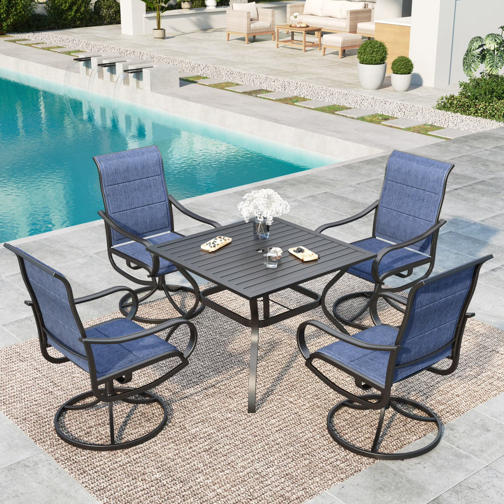 5-Piece Outdoor Patio Dining Set with High-Back Swivel Sling Chairs & Square Table, Black & Blue V493